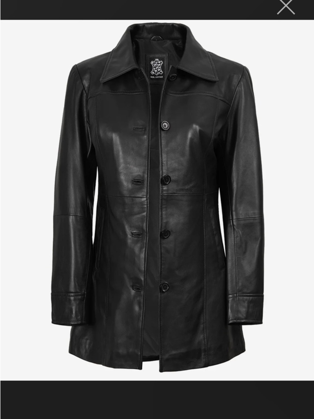 Black Leather Button-Front Women's Coat